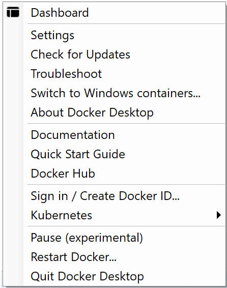 Docker Desktop popup menu